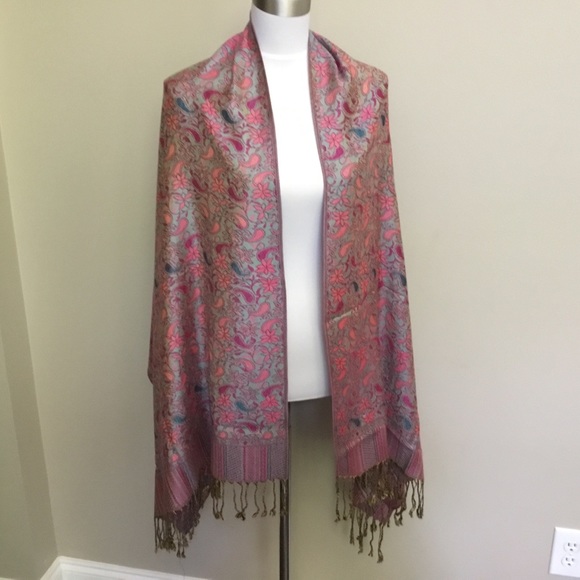 pashmina Accessories - PASHMINA silk floral paisley fringe scarf wrap